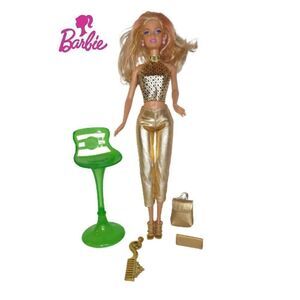 Barbie Doll Dress in Gold with Barbie Accessories and Chair Bundle